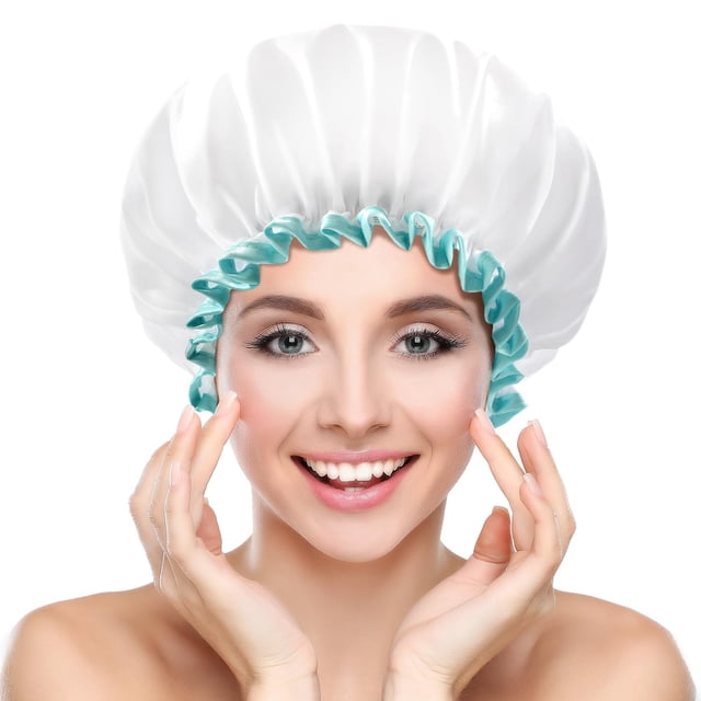 Mikimini Gorro de ducha para mujeres y niñas, reutilizable, impermeable, lavable, lindo y suave, color blanco