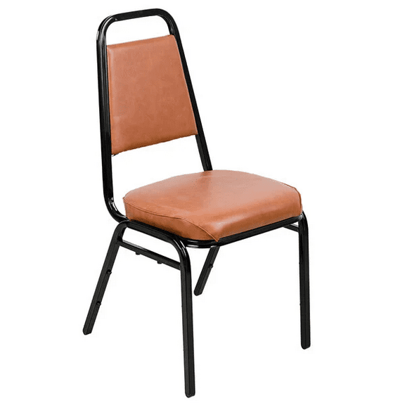 Trapezoidal Back Stacking Banquet Chair with Thick Padded Brown Vinyl Seat and Black Metal Frame - Restaurant Banquet Metal Chair
