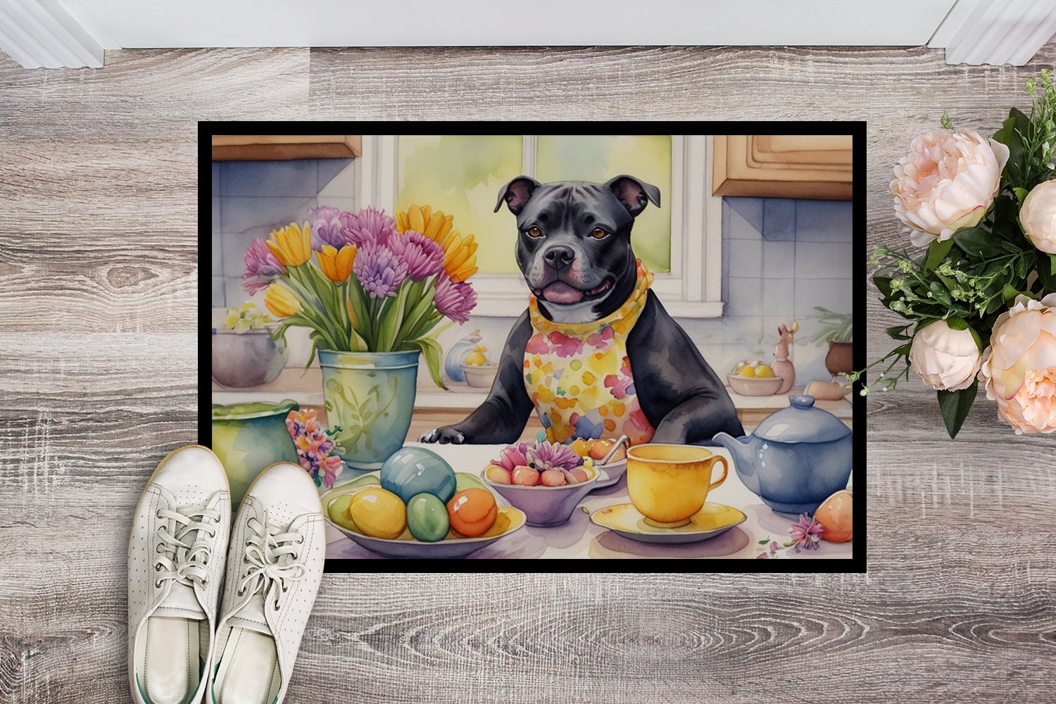 Carolines Treasures DAC6909MAT 18 x 27 in. Decorating Easter Staffordshire Bull Terrier Doormat