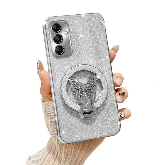 Fyxkocm for Samsung Galaxy A14 5G Case with Stand [Compatible with Mag Safe], Galaxy A14 5G Phone Case with Wrist Strap Shockproof Protective Soft Cover Bling Kickstand for Women Girls, Silver