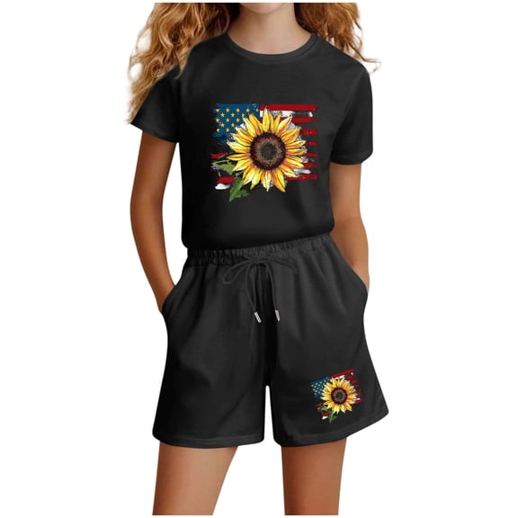 SELONE Girls Summer Outfits 2 Piece Sets Stars and Stripes Big Kids Wear T Shirts and Shorts 4th of July Clothing