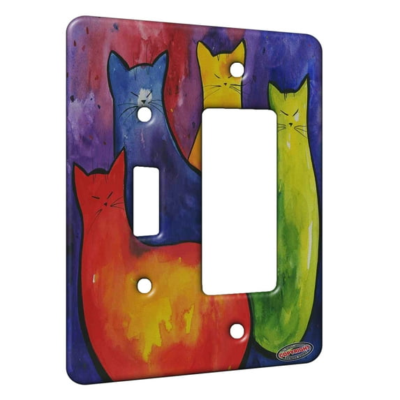 KuzmarK™ 2 Gang Single Toggle / Single Duplex Rocker Wall Plate - Four Colorful Two Tone Kitties Abstract Cat Art by Denise Every