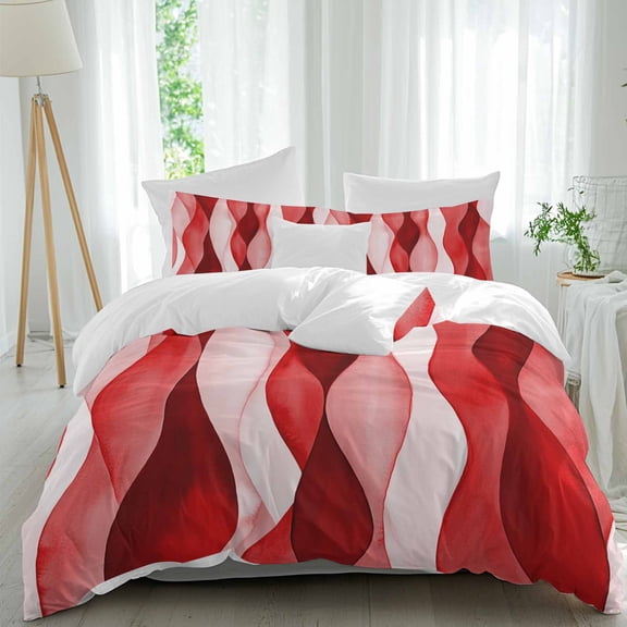 3 Piece Red Striped Duvet Cover Set Queen Size,Microfiber Comforter/Quilt Cover with Corner Ties and 2 Pillowcases,Modern Gradient Geometric Ripple Stripes All Season Soft Bedding with Zipper Closure
