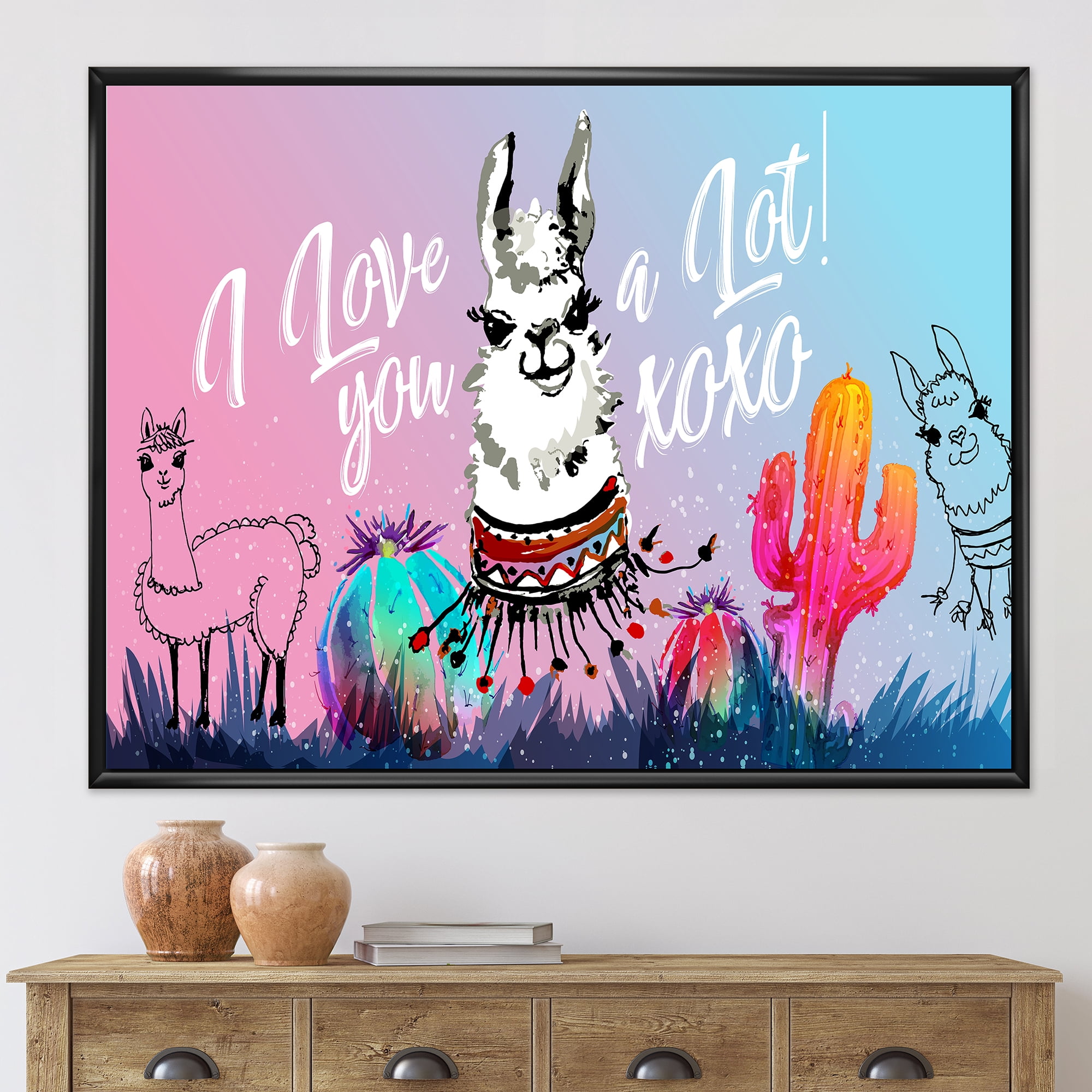 Designart 'I Love You A Lot Llama Alpaca Cartoon Portrait' Children's Art Framed Canvas Wall Art Print