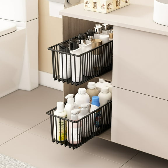 2 Pack Pull Out Cabinet Organizers, Slide Out Basket Drawers, Heavy Duty Carbon Steel Pulling Drawers for Cabinets Kitchen Bathroom Under Sink