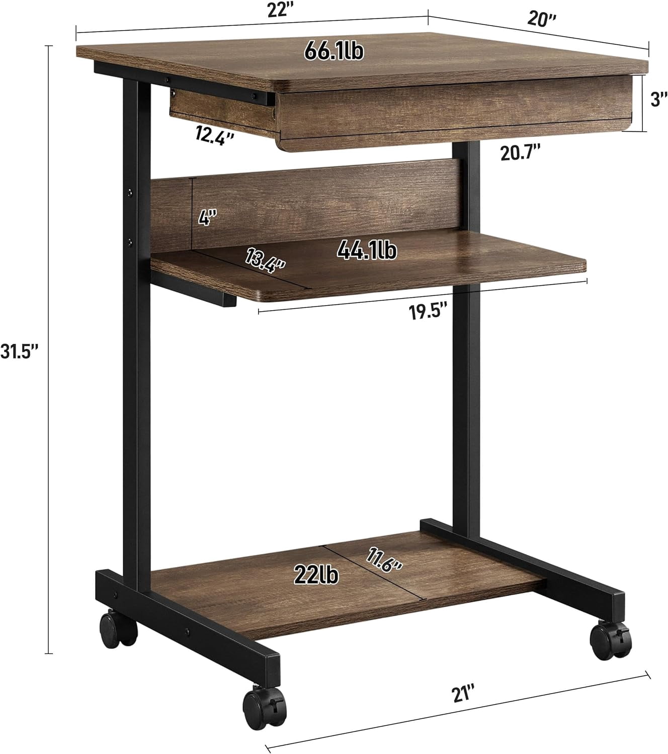 NIUMU Small Rolling Computer Desk with Storage Drawer, Rolling Home Office Computer Desk with Keyboard Tray, Laptop Desk with Wheels and Drawer, Taupe Wood
