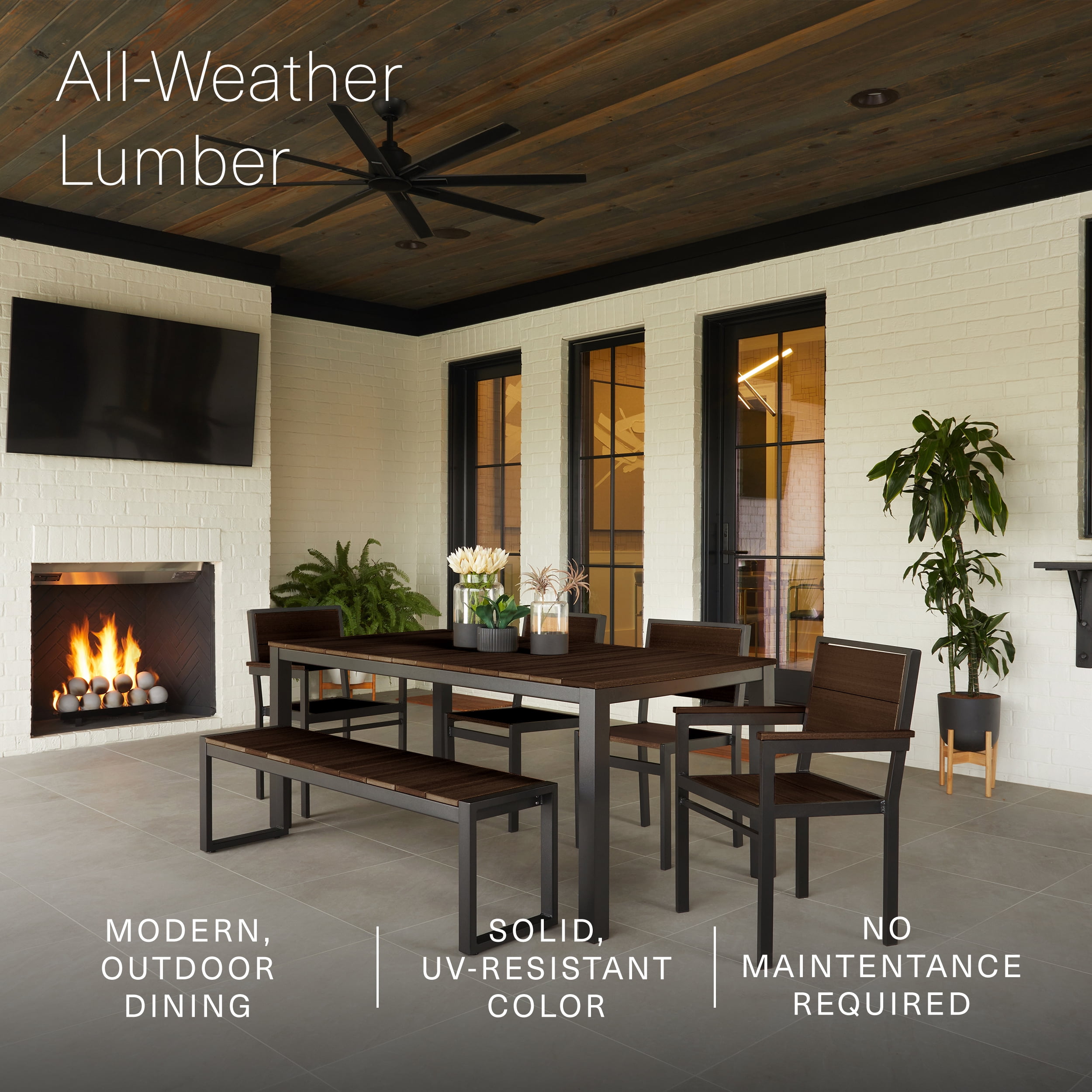 DuroGreen Park City 72" Rectangular 6-Pc Outdoor Dining Set, 1 Table/1 Bench/4 Chairs Made with All-Weather Tangent Sustainable Lumber, High End Patio Furniture, Black with Brazilian Walnut