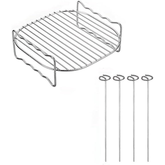 Stainless Steel Air Fryer Double Layer Rack with 4 Skewers, 8-Inch Square Multi-Purpose Dehydrator Rack Accessory