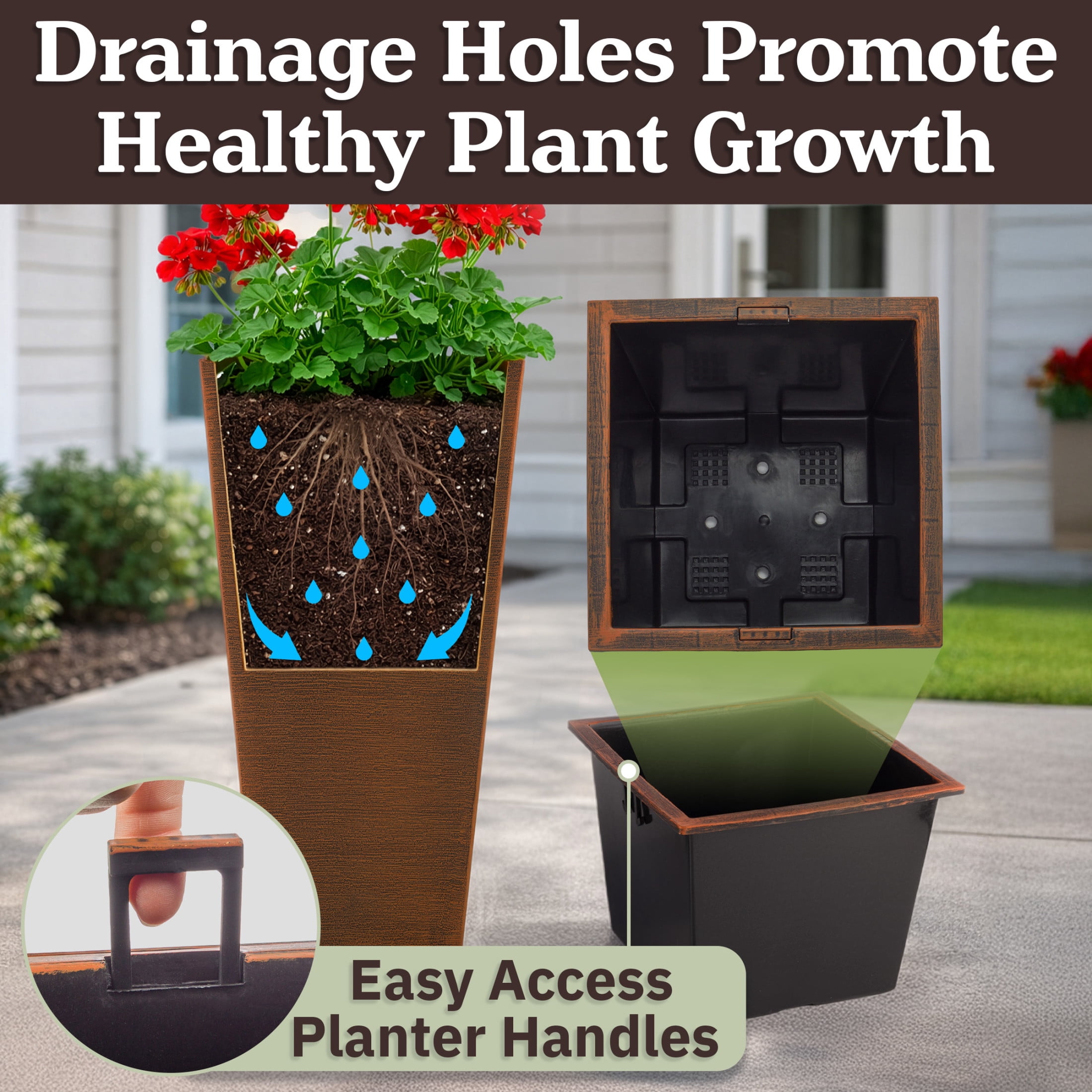 Pure Garden Large Outdoor Planters 2-Pack - 22.4” Tall Planters for Outdoor Plants or Indoors, Bronze