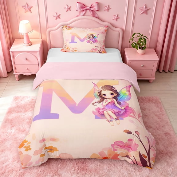 meiyoeat Cute Princess Twin Duvet Cover,Initial Letter M Twin Bedding For Girl,Pink Reversible,2pcs,1 Duvet Cover and 1 Pillowcase