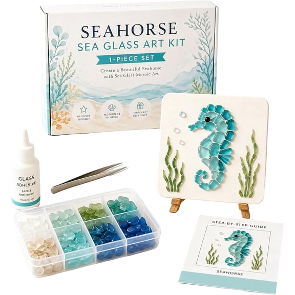 DIY Sea Glass Mosaic Art Kit, Sea Glass Art Kit, Create Beautiful Ocean-Inspired Artwork with Colorful Glass Pieces, Coastal Home Decor & Creative Handmade Gift๏ผSeahorse