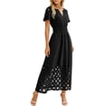 thumbnail image 4 of Neewe Robe Maxi d'Été pour Femmes, Ample, Unie, Col en V, Manches Courtes, Tunique, Taille Plissée, Décontractée, Longueur Cheville, Ourlet en Dentelle, 4 of 7