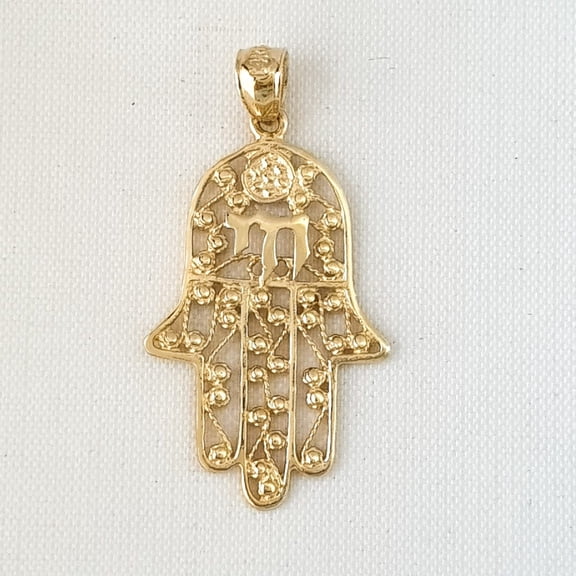 14K Yellow Gold Hamsa Hand with Chai Pendant