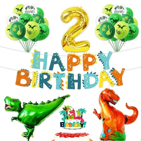 Happy 2nd Birthday Balloons Set Dinosaur Themed Decoration – Dino Happy Birthday Banner and Cake topper Party Supplies