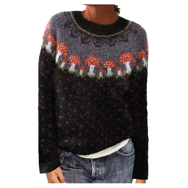 Fartey 2024 Tricot pour Femmes Vintage Imprimé Isle Ample Décontracté Manches Longues Automne Hiver Col Rond Chandail Noir P-2TG