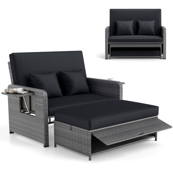 Gymax Rattan Daybed Wicker Loveseat Sofa Set w/ Ottoman & Retractable Side Tray Patio Black