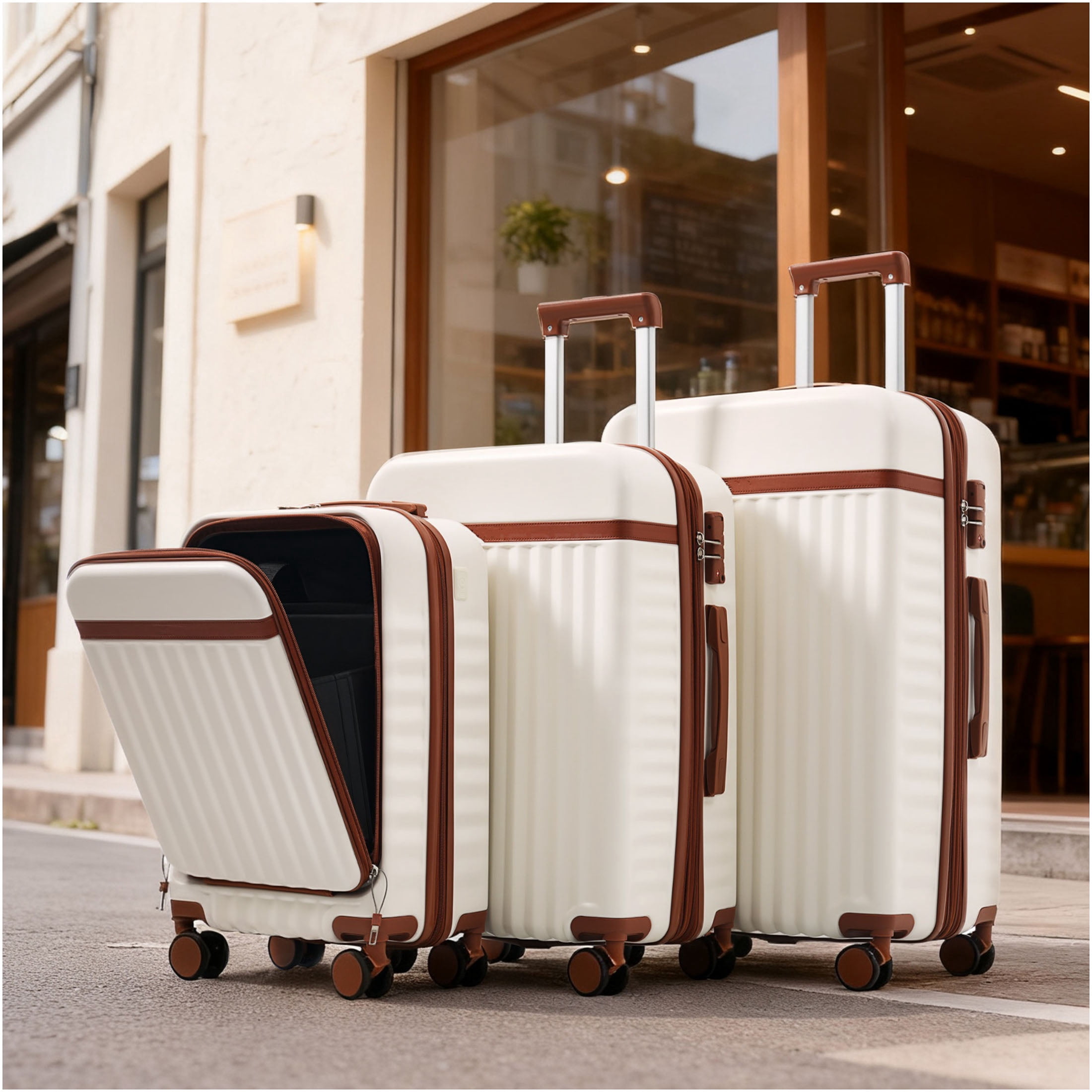 JERFIT 3-Piece Hard Shell Luggage Set with USB Port, Front-Open Carry-On, 360° Spinner Wheels & TSA Lock for Effortless Travel