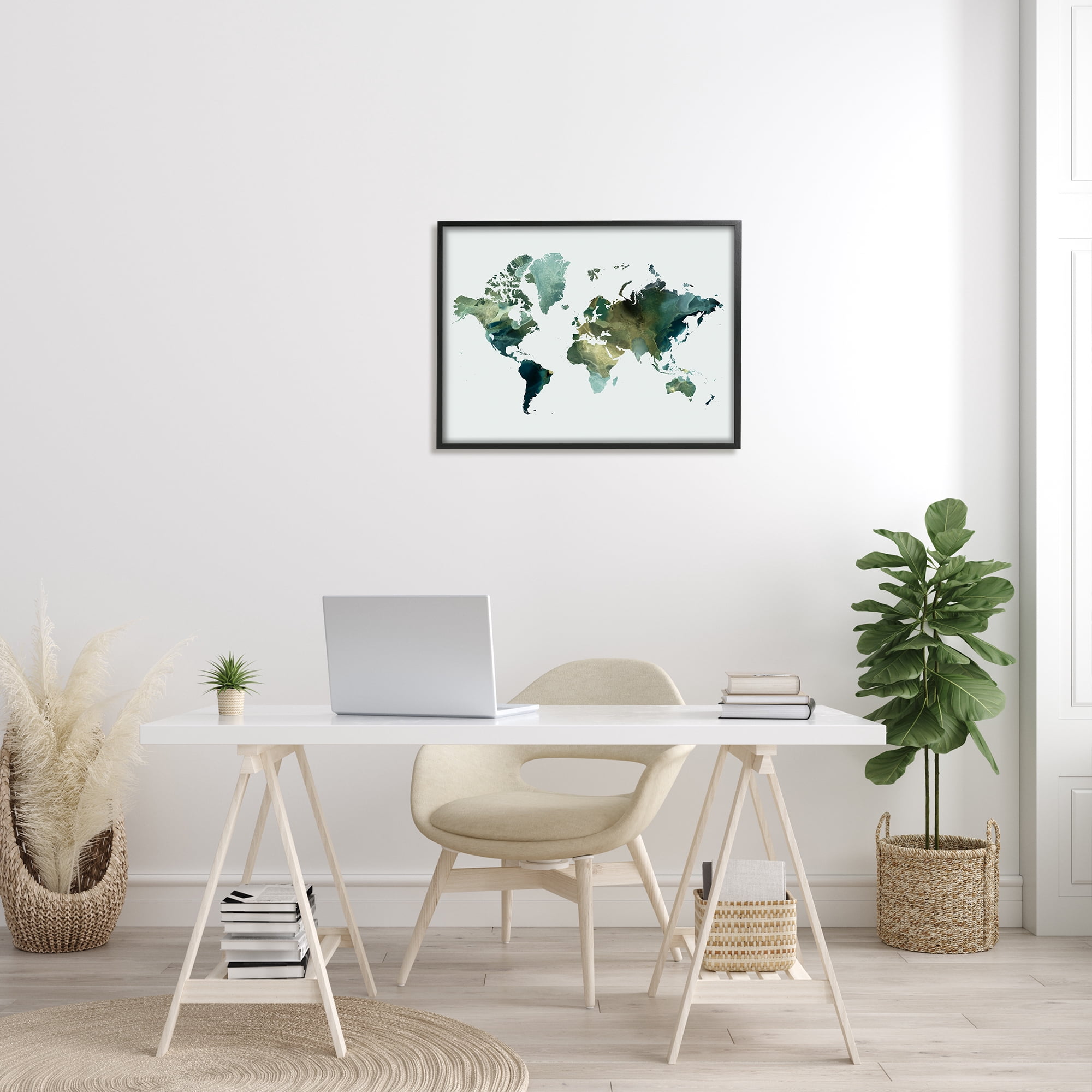 Stupell Green Toned World Map Travel & Places Painting Black Framed Art Print Wall Art