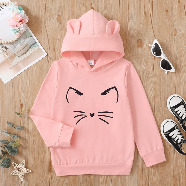 Mikrdoo Kid Girl Funny Cat Print Pullover Long Sleeve Hoodies Top for Outdoor Pink Girl s Size 9 10years