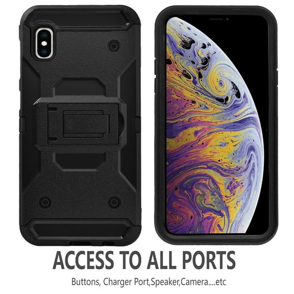 iPhone X/ XS Case, STARSHOP Full Cover Heavy Duty Dual Layers Phone Cover with Kickstand and Locking Belt Clip-Black