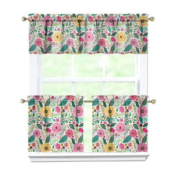 Bohemian Country Curtains 24" Short - 3 Panel Floral Rustic Set with Vintage Botanicals, Rod Pocket Window
