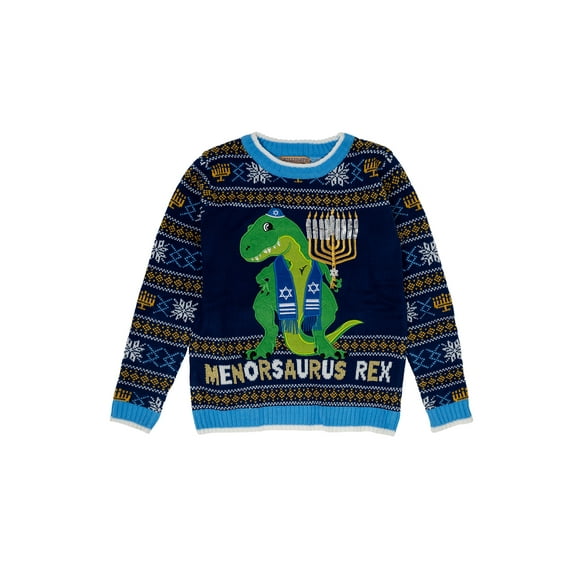 Jollidays Boys' Menorsaurus Rex Long Sleeve Crewneck Ugly Hanukkah Sweater, Sizes S-XL