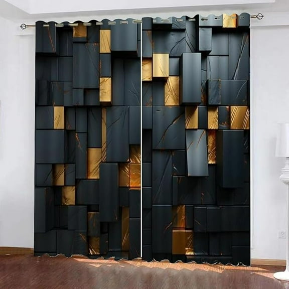 Modern Abstract Blackout Curtains, Black Gold Block Grommet Top Thermal Insulated Curtains Soft Warm Fluffy Drapes For Kids Living Room Bedroom Hall Window 26"W x 54"L (Pack of 2)