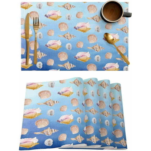 Summer Seashells Placemats Set of 6, Washable Woven Burlap Cloth Fabric Placemat for Square/Rectangle/Round/Oval Dining Table, Easy Clean Place Mats for Toddlers, Kids Retro Ocean Sea Blue Watercolor