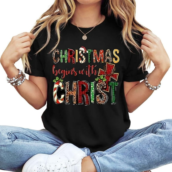 Women's Long Sleeve Crew Neck "Christmas Begins With Christ" Graphic T-Shirt - Faith-Based Holiday Casual Tee