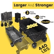 Sekey 48L Beach 400L Extended Collapsible Wagon Cart Load up to 440lbs, Utility Foldable Wagon, Heavy Duty Folding Wagon with Big All-Terrain Wheels & Drink Holders, Black
