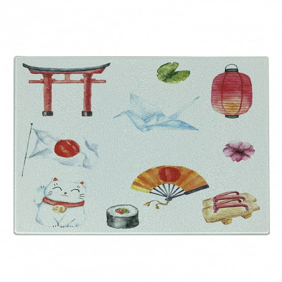 Japanese Cutting Board, Hand Drawn Traditional Elements Watercolors Torii Gate Origami Bird Flag Lacky Cat, Decorative Tempered Glass Cutting and Serving Board, Small Size, Multicolor, by Ambesonne