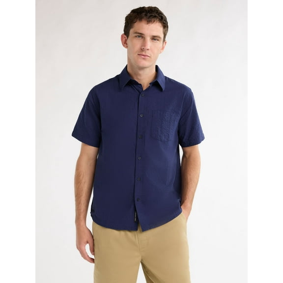 Free Assembly Men's Seersucker Button Front Shirt with Short Sleeves, Sizes XS-3XL