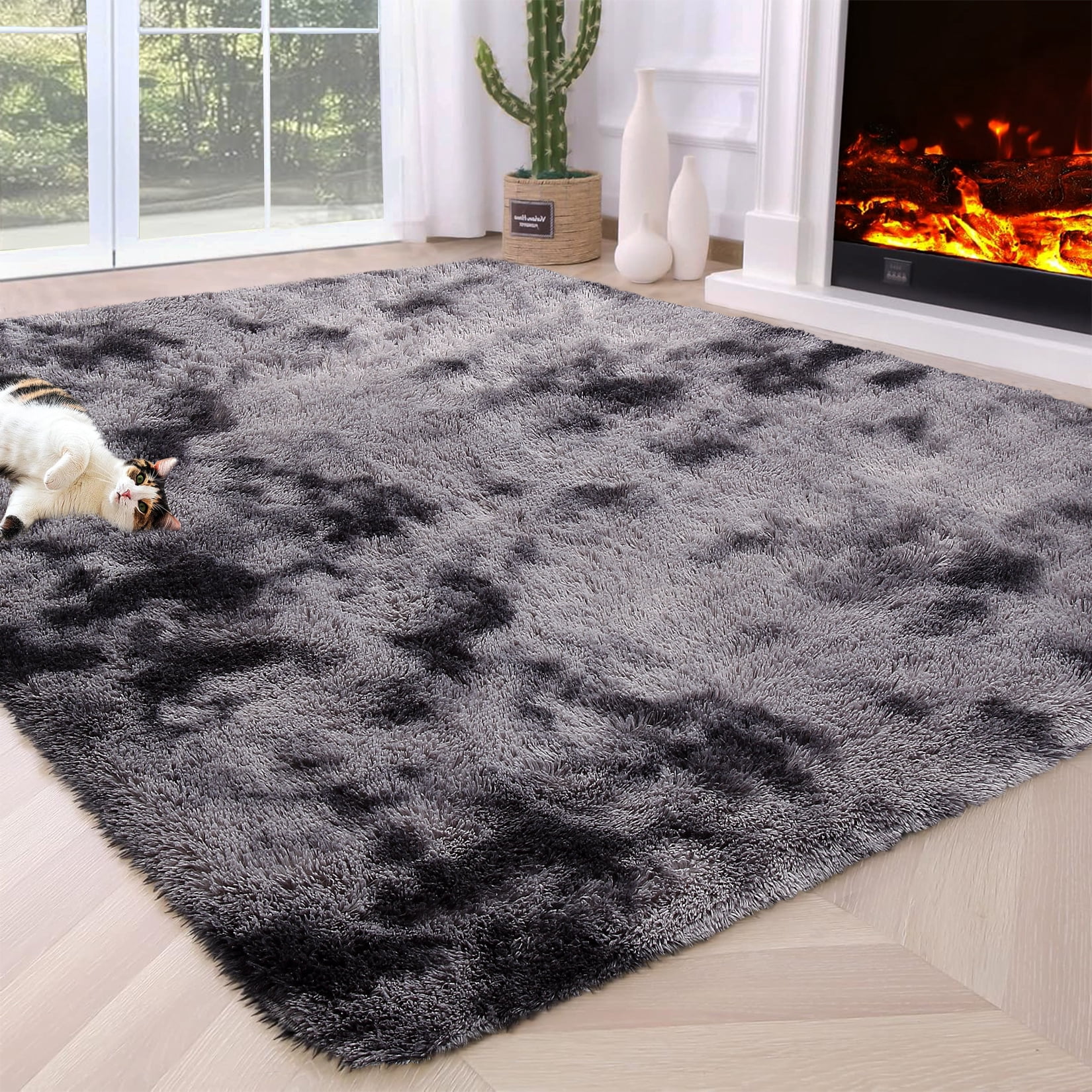 Hasoo 6' x 9' Fluffy Shaggy Soft Area Rug for Living Room Dorm Home Decor Washable Indoor Carpet, Dark Grey