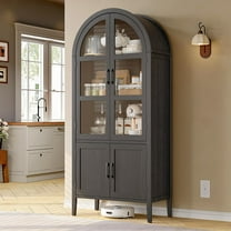 71" Tall Arched Cabinet, 5-Tier Arched Kitchen Pantry with Glass Doors & Shelves, Modern Display Arch Cabinet with Adjustable Feet, Wooden Pantry for Living Room, Dining Room