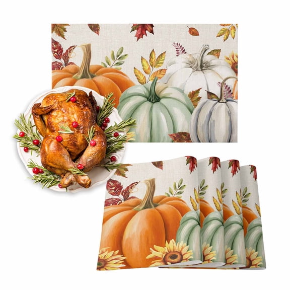 Fall Placemats Set of 6 Fallen Maple Leaf Pumpkin Place Mats Thanksgiving Placemat Sunflower Leaves Linen Table Mats for Dining Kitchen Table Holiday Dinner Party Home Fall Decorations 13x19 Inch