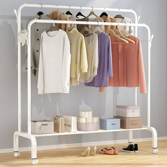 SUSUZI 51” Double Rod Clothes Rack, Garment Rack with Wheels, Closet Organizer with 4 Hooks and Bottom Storage, White