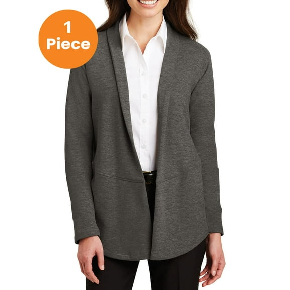 Port Authority L807 Ladies Interlock Cardigan, Charcoal Heather/ Medium Heather Grey, S, Cardigans for Women
