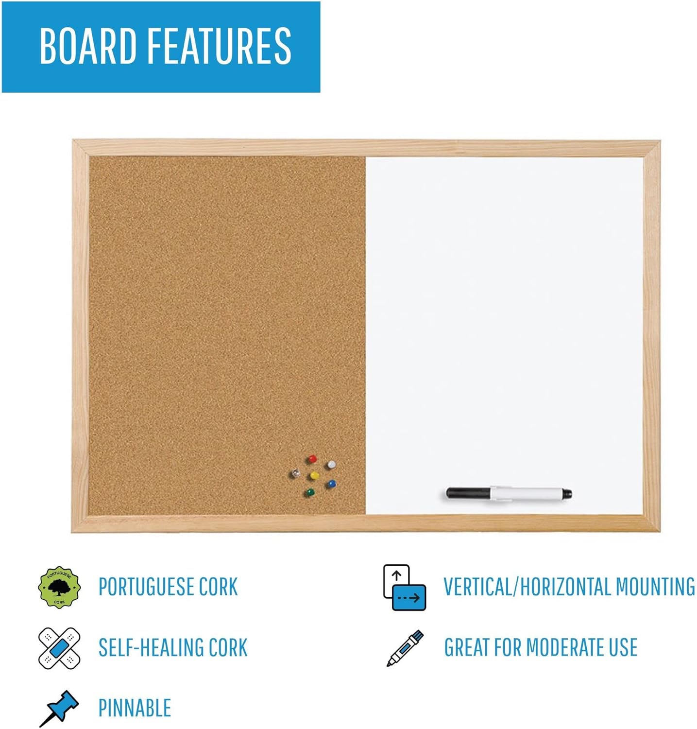 Cork & Dry Erase Combo Board, 18" x 24", Dry Erase White Board/Cork Bulletin Board Combo, Pine Wood Frame