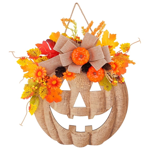 Fall Pumpkin Wall Decor with Maple Leaves Bow Artificial Flower for Farmhouse Harvest Thanksgiving Front Door Hanging Ornament