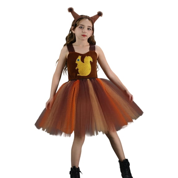 Byoo Little Girls' Squirrel Themed Tutu Dress Animal Printed Tulle Dress with Headband School Dress for Children