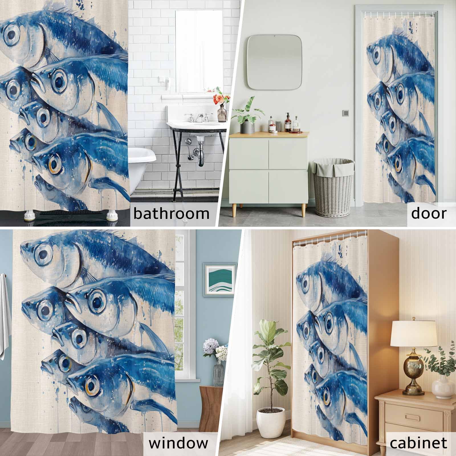 Shower Curtain Bathroom Set Watercolor Underwater Fish on Vintage Linen Waterproof Fabric Shower Curtains with Grommets&Hooks, Coastal Ocean Life Privacy Bath Curtain for Bathtub 72x72in
