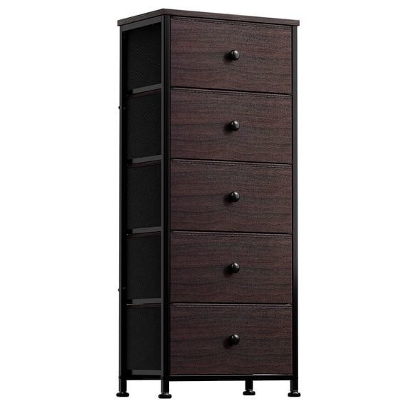 GUNAITO 5 Drawer Dresser for Bedroom Tall Narrow Chest of Drawers Fabric Storage Dresser for Adults,Brown