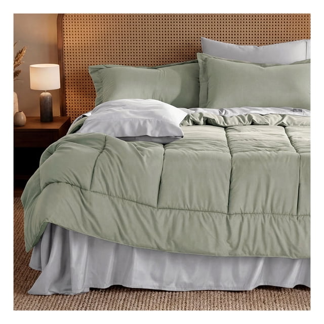 Set Edredón Queen Size + Funda De Almohada + Sábanas 7 Pzas Real Textil Verde - Gris