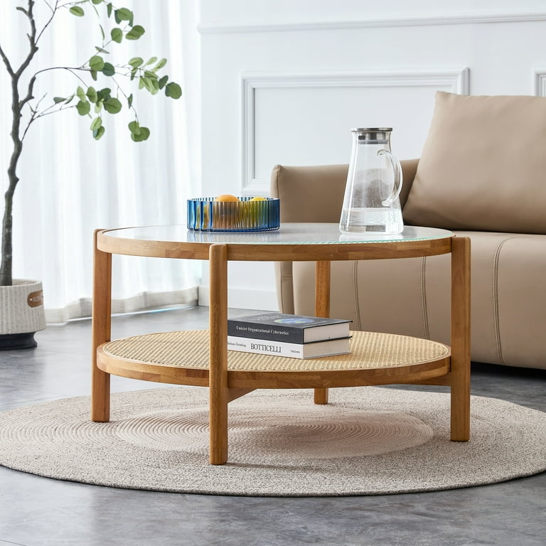 Mulanimo 2 Tier Round Coffee Table with Open Storage Shelf Side End Table Home Furniture Suitable for Living Room Dining Room Bedroom