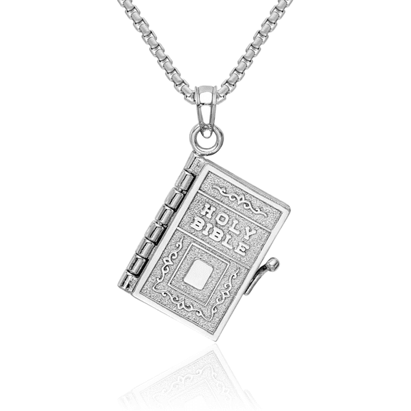 14K Solid White Gold Dangling Holy Bible Lords Prayer Necklace Chain Pendant Charm