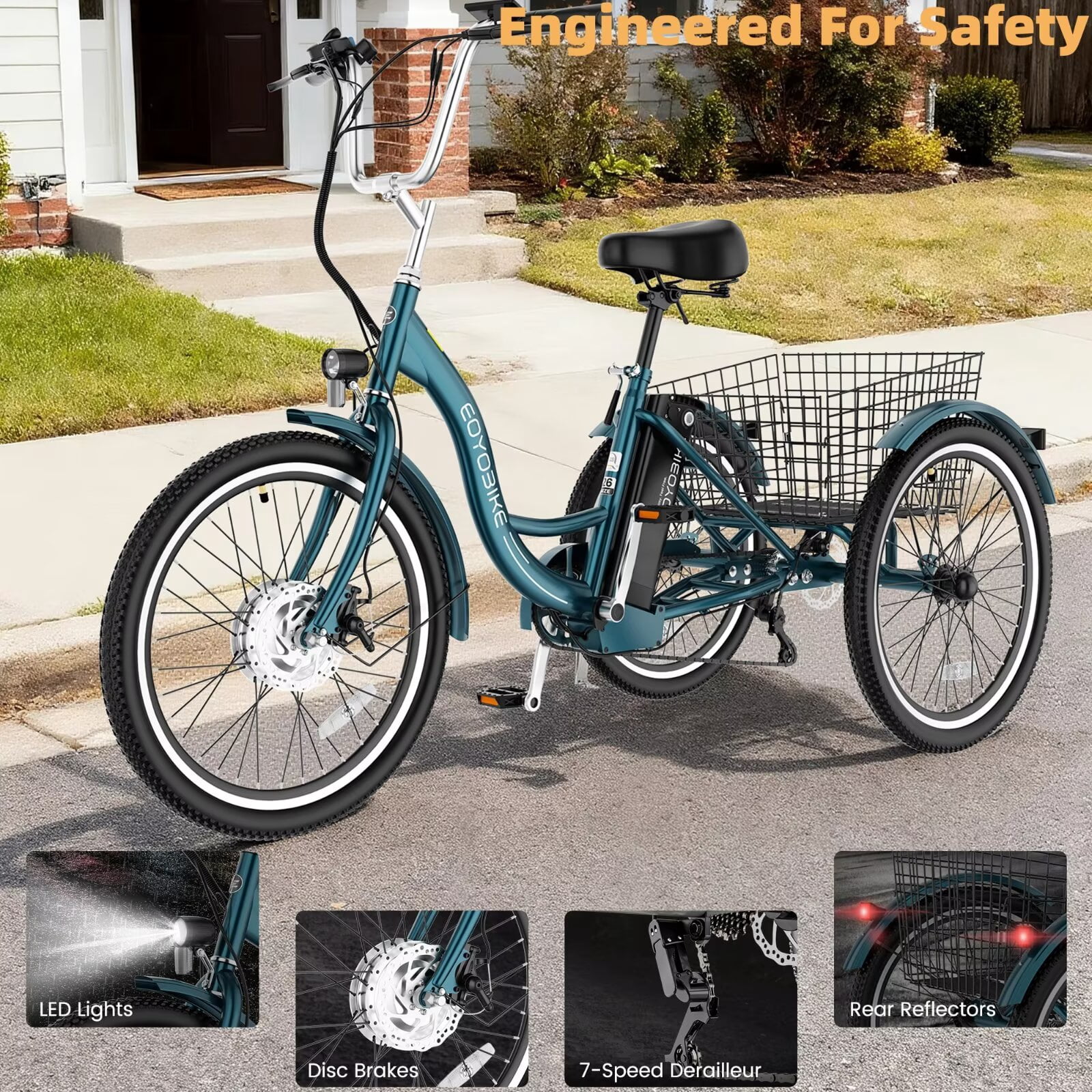 MOONCOOL 24"/26" Adult Electric Tricycle W/ Chain lock, Peak 700W 36V 10.4AH, 7 Speeds Step Through Electric Trike Motorized Three Wheel Electric Bikes w/ Large Basket for Women Men