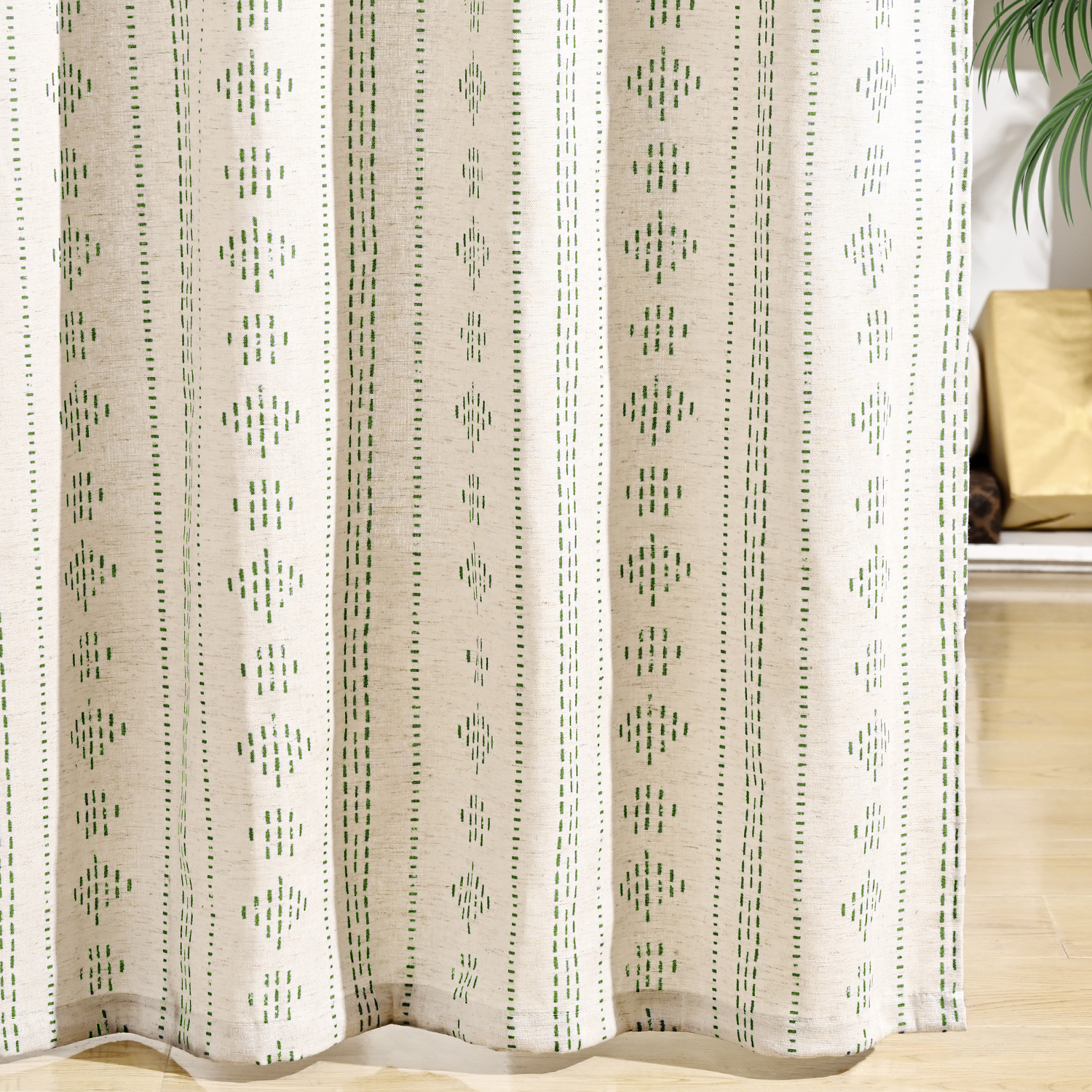 Alishomtll Boho Farmhouse Curtains Linen Light Filtering Sage Green Geometric Striped Window Drapes ,52"x63", 2 Panels