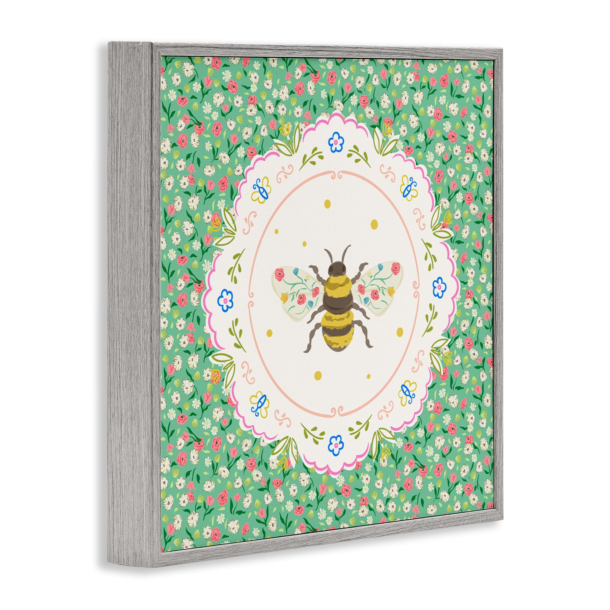 Spring Bee Delicate Florals Gray Framed Giclee Art, design by Angela Steahling