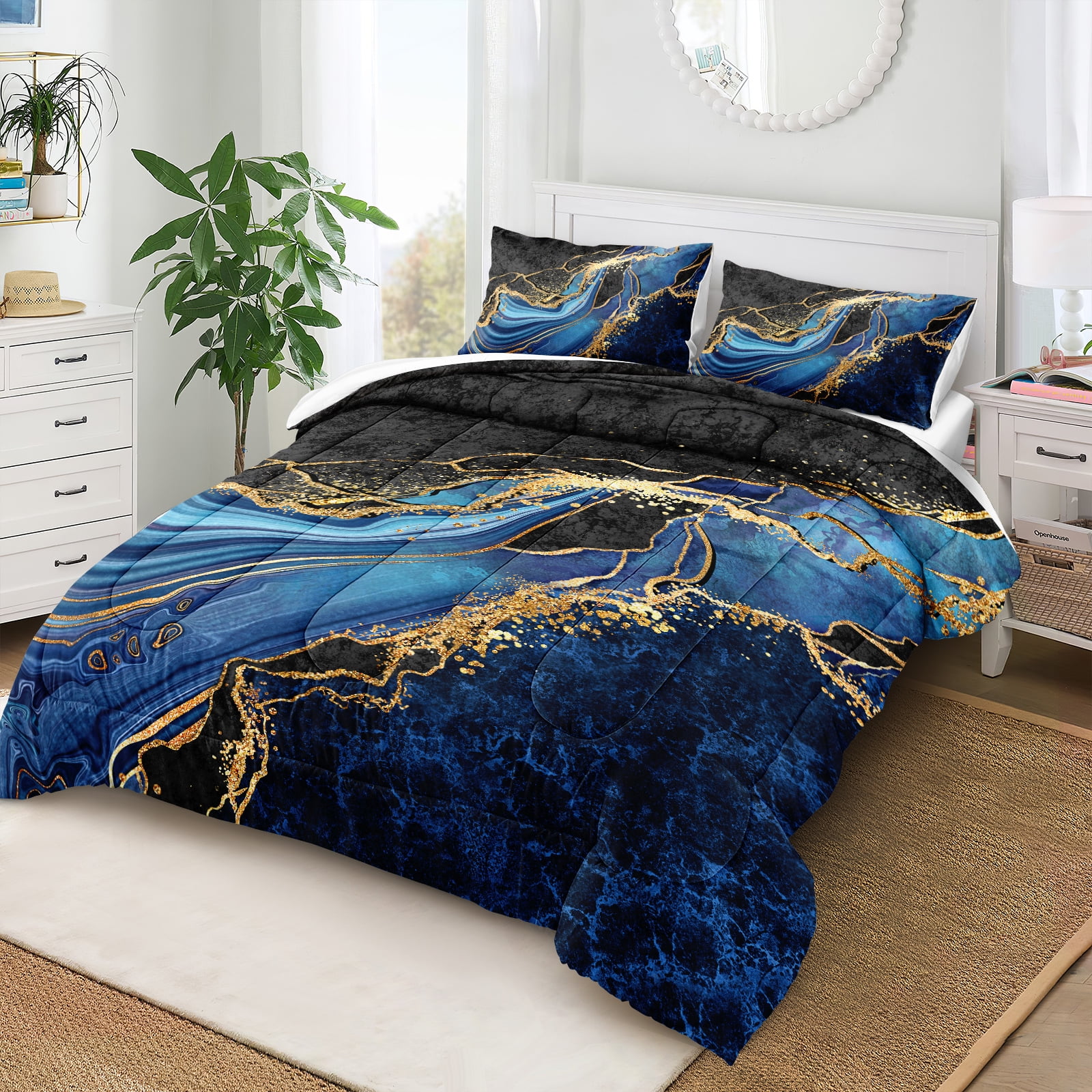 MOVE OVER Blue Gold Marble Comforter Set King Blue Marble Bedding Sets Abstract Marble Textured Pattern Microfiber Filling Down Duvet