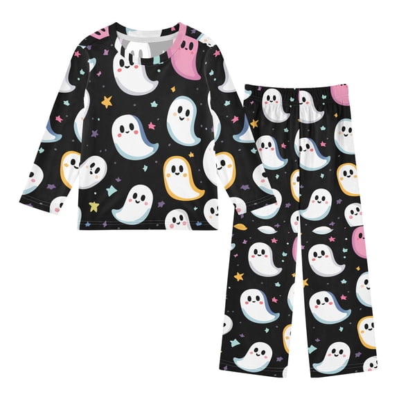 FORMRS Kids Pajama Set Fleece Long Sleeve Top Relaxed-Fit Pants Lounge Sleepwear, Sizes 3T-11Y, White Halloween Ghost